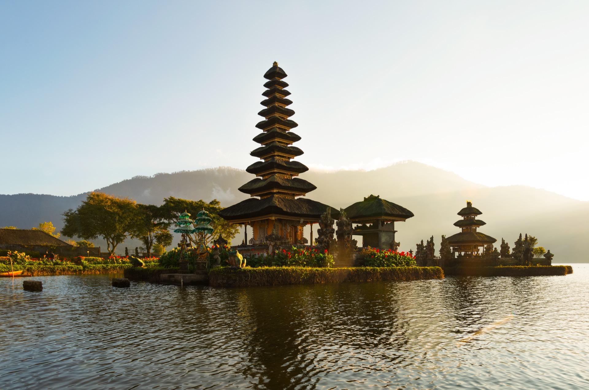 Pura Ulun Danu temple at sunrise on Lake Bratan, Bali